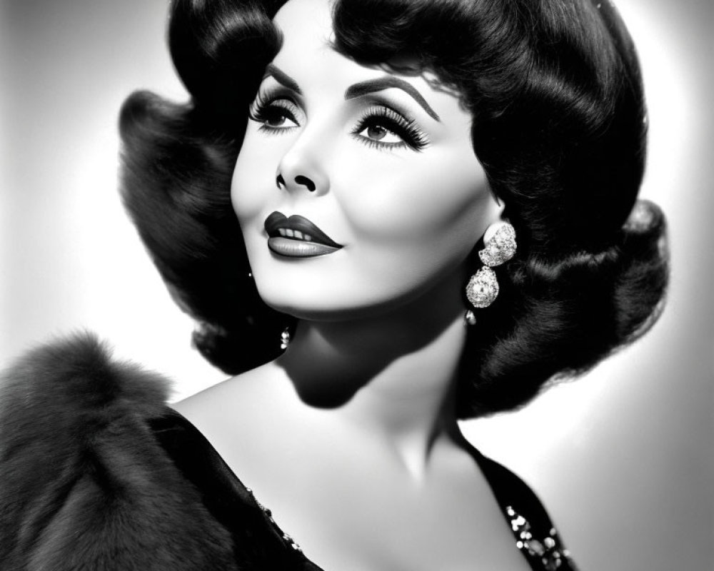 Vintage black and white photo: Woman with voluminous hair, dramatic makeup, sparkling earrings, fur sh