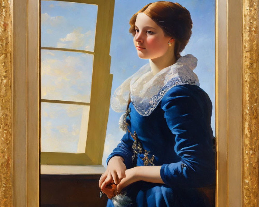 Traditional oil portrait of woman in blue dress by sunlit window