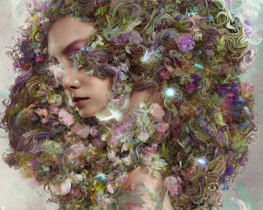Surreal portrait of woman with floral botanical design