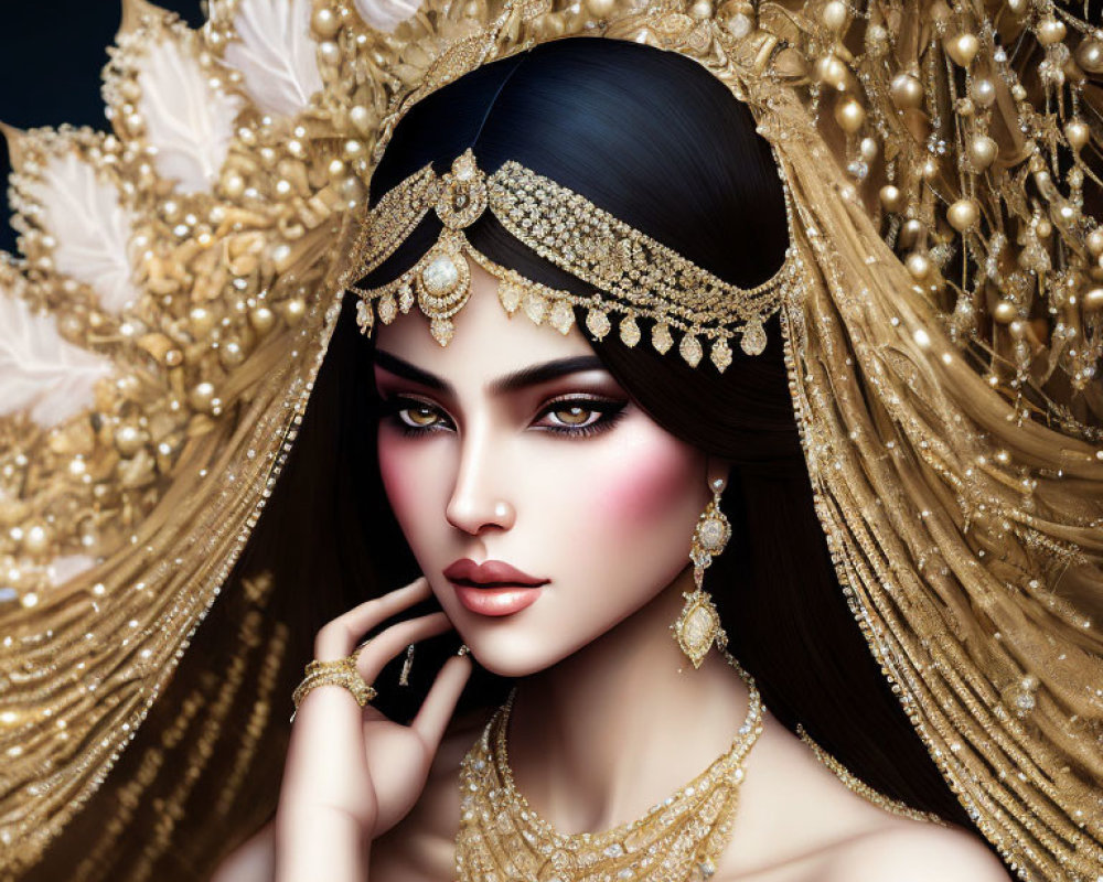Regal woman with golden headdress and jewelry