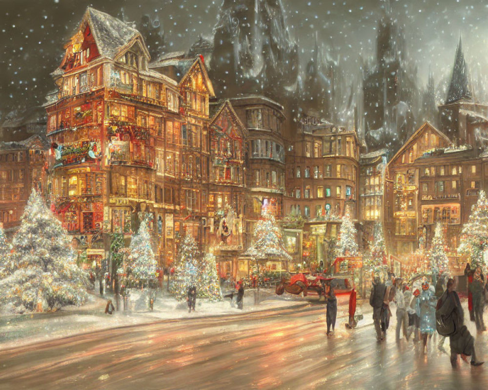 Festive snowy street with illuminated buildings, Christmas trees, people, and vintage car
