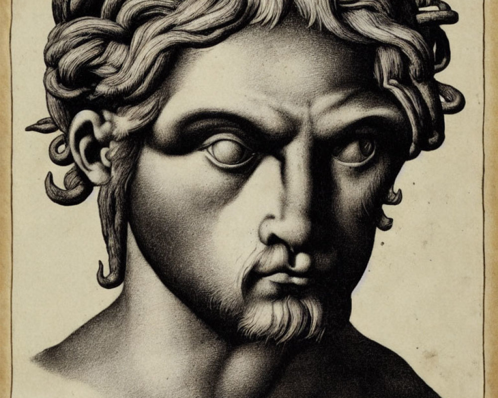 Classical male statue etching with detailed hair and intense eyes
