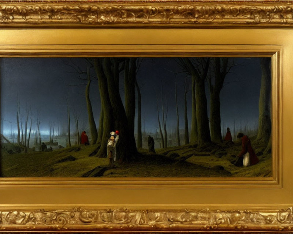 Twilight forest painting with period figures and ornate gold frame