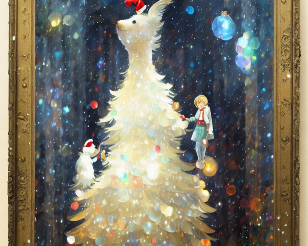 Whimsical painting of girl by white tree with lights and creatures