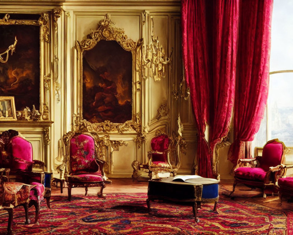 Luxurious Room with Gold Detailing, Red Chairs, Classical Paintings, and Large Windows