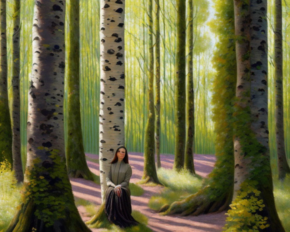 Tranquil painting of woman under sunlit birch trees