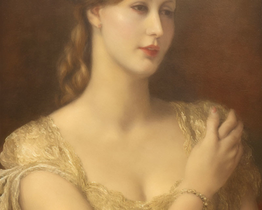 Portrait of woman with updo hairstyle and gold hairpiece in off-shoulder gown