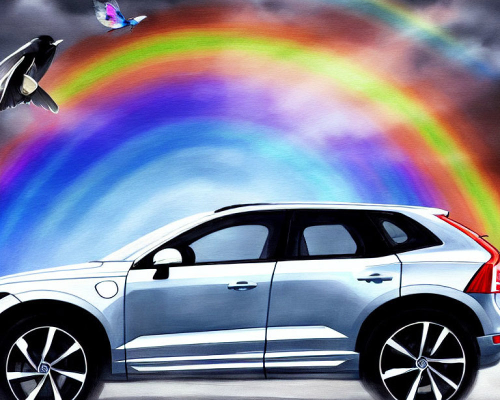 Digital painting featuring modern SUV, rainbow, blue butterfly, and crow
