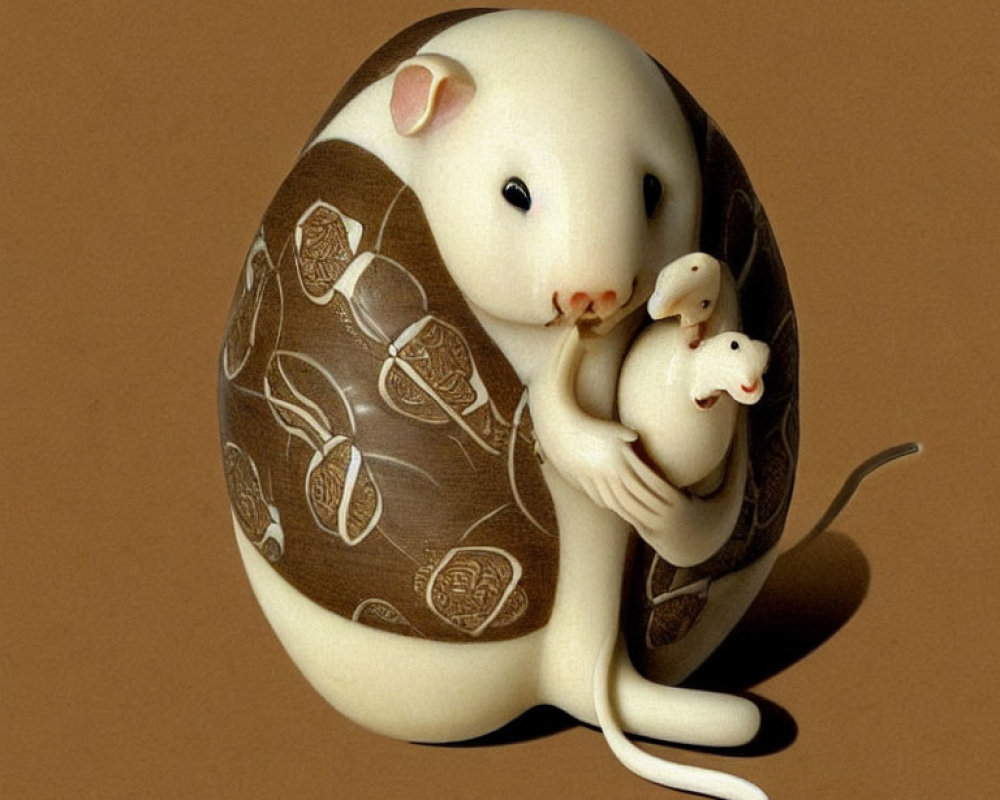 Mother Mouse Embracing Baby Inside Eggshell on Beige Background