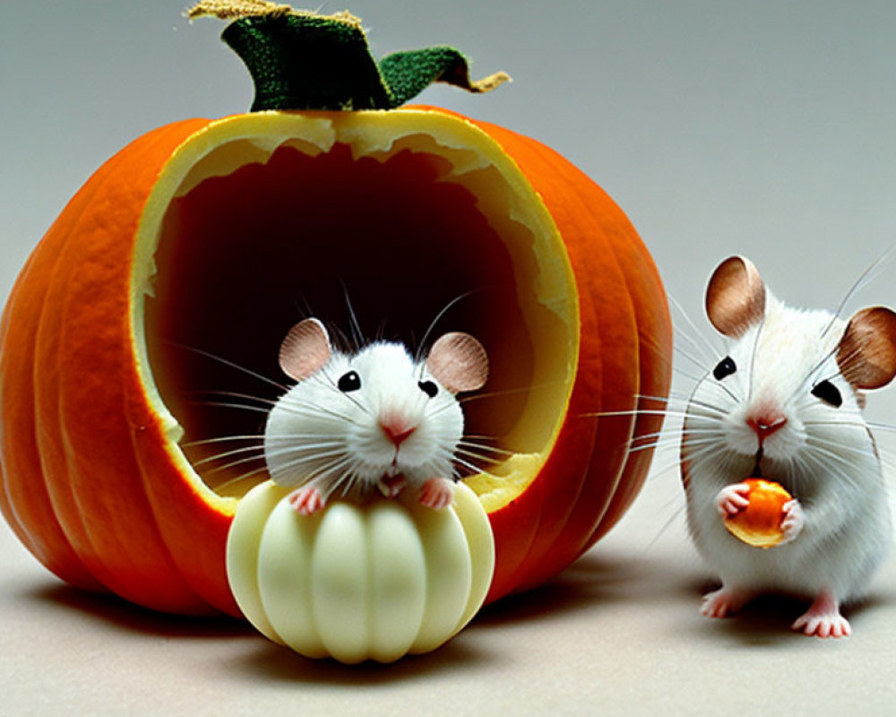 Two Cute Mice with Miniature Pumpkin and Pumpkin Nibbling Scene