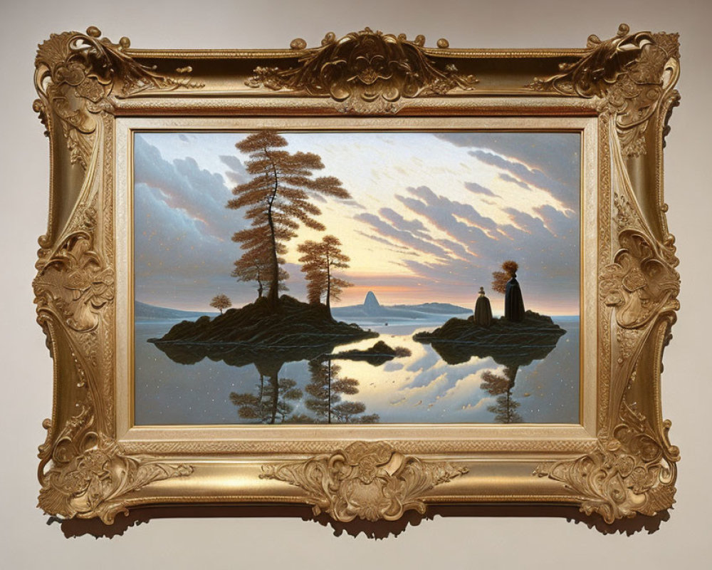 Golden Frame Surrounds Sunset Landscape Painting of Trees on Islands