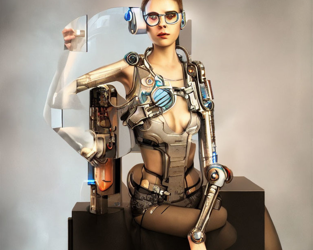 Futuristic female android with visible mechanical parts and stylish glasses sitting against neutral backdrop