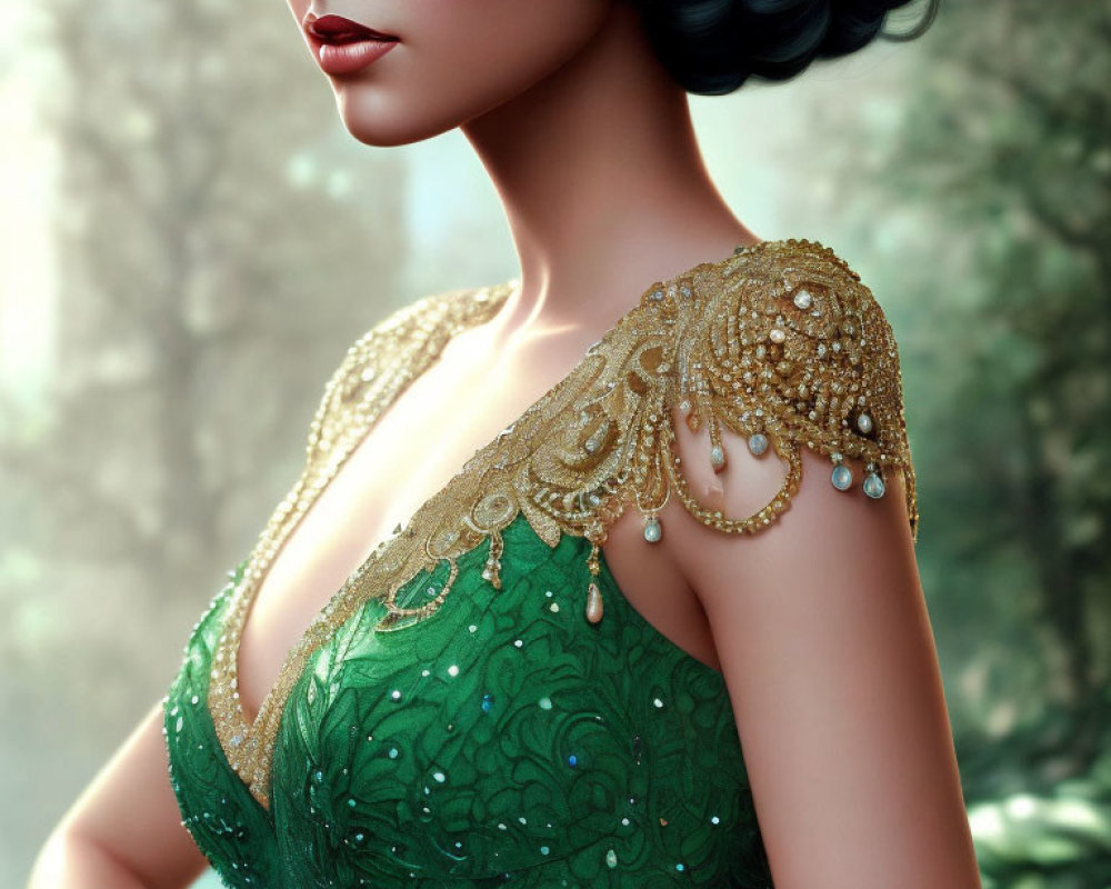 Illustration of Woman in Black Hair & Green Beaded Dress