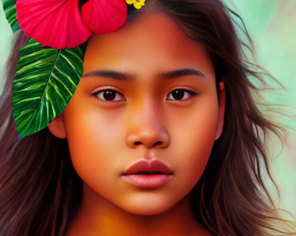 Young girl with red hibiscus flower in hair on colorful pastel background