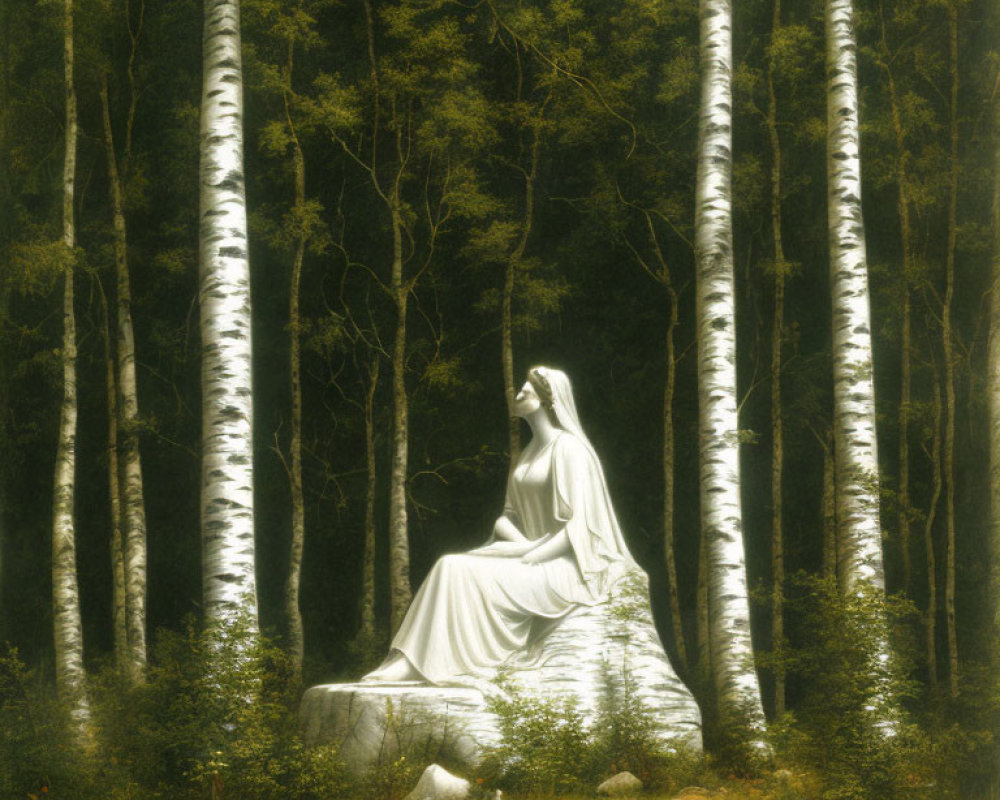 Woman statue among birch trees in serene forest landscape