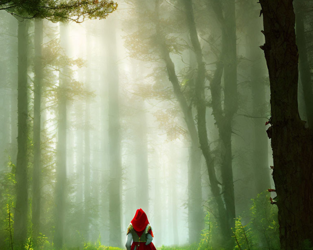 Person in Red Cloak Standing in Sunlit Forest Clearing