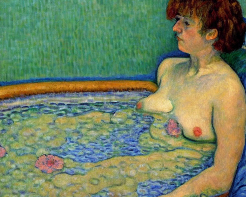 Post-Impressionist style painting of woman by circular pool with pink water lilies