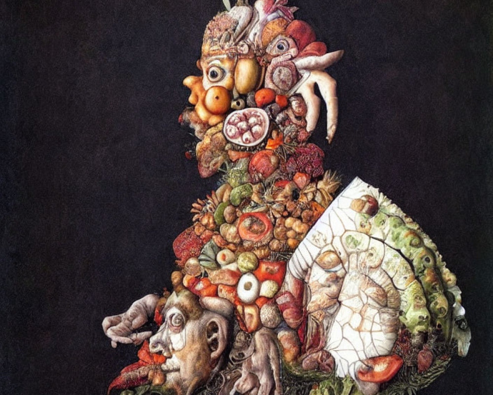 Still life artwork featuring a human figure made of food items and surrounded by lush greenery