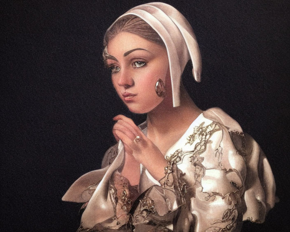 Pensive woman in white headdress and golden blouse against dark background
