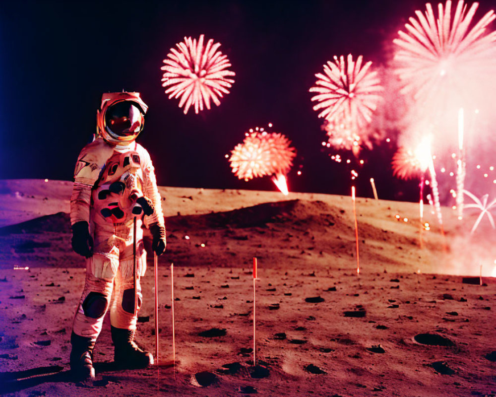 Astronaut in white space suit on lunar-like surface with colorful fireworks