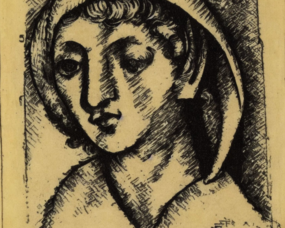 Vintage Sketch of Solemn-Faced Person with Halo in Medieval Style