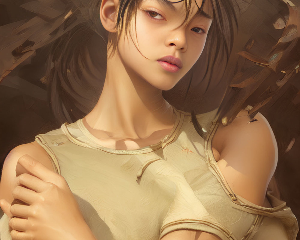 Digital artwork: Young woman with tousled hair and intense gaze in tattered yellow top, set against