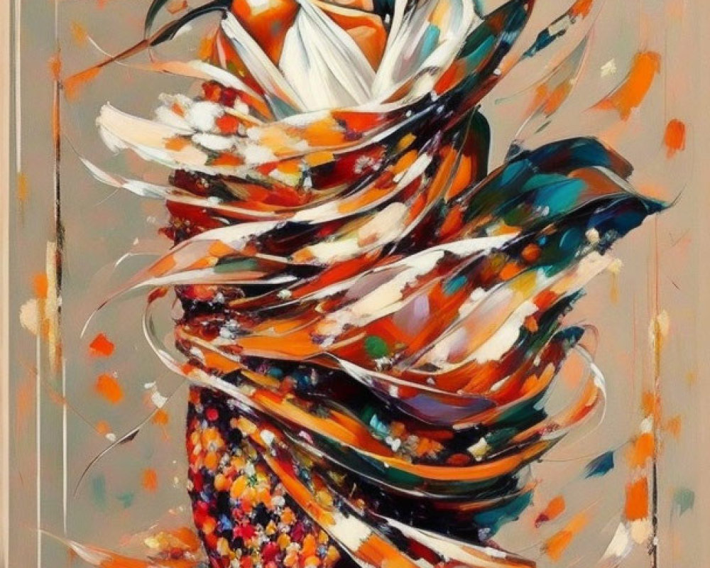 Colorful abstract painting of a woman in swirling fabric and hat