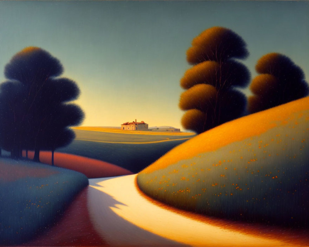 Tranquil landscape painting: winding path, rolling hills, stylized trees, lone house, twilight