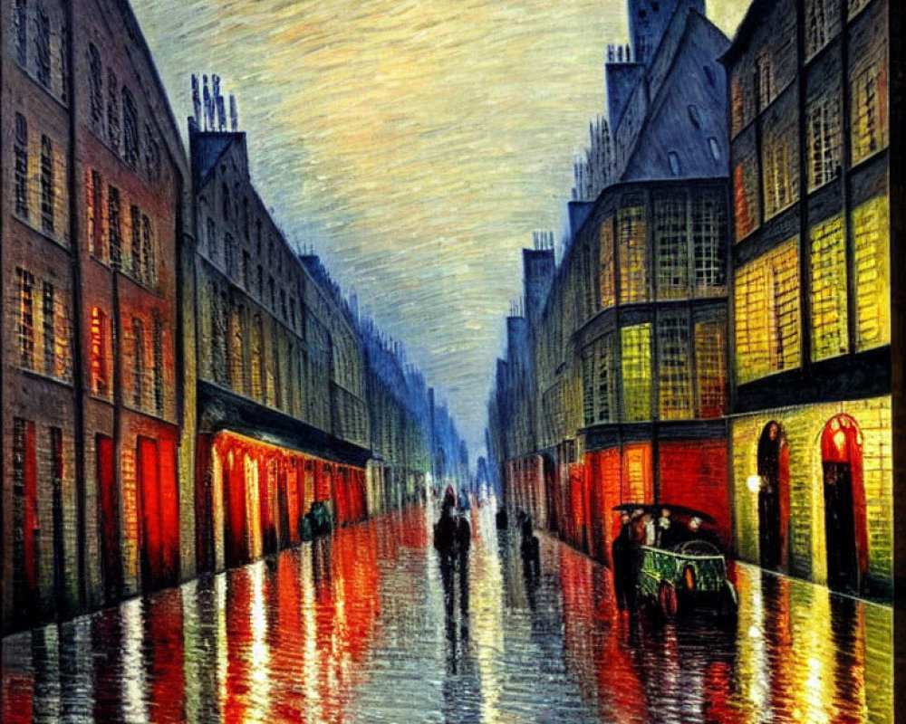 Rainy Evening Cityscape Painting with Illuminated Buildings and Silhouettes