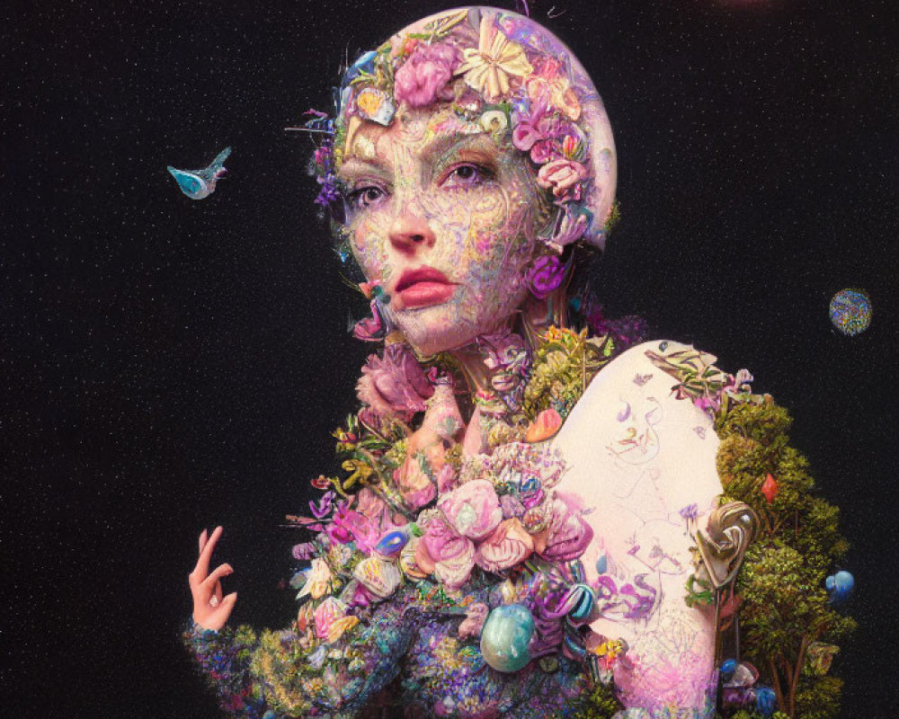 Surreal portrait with floral figure and cosmic backdrop