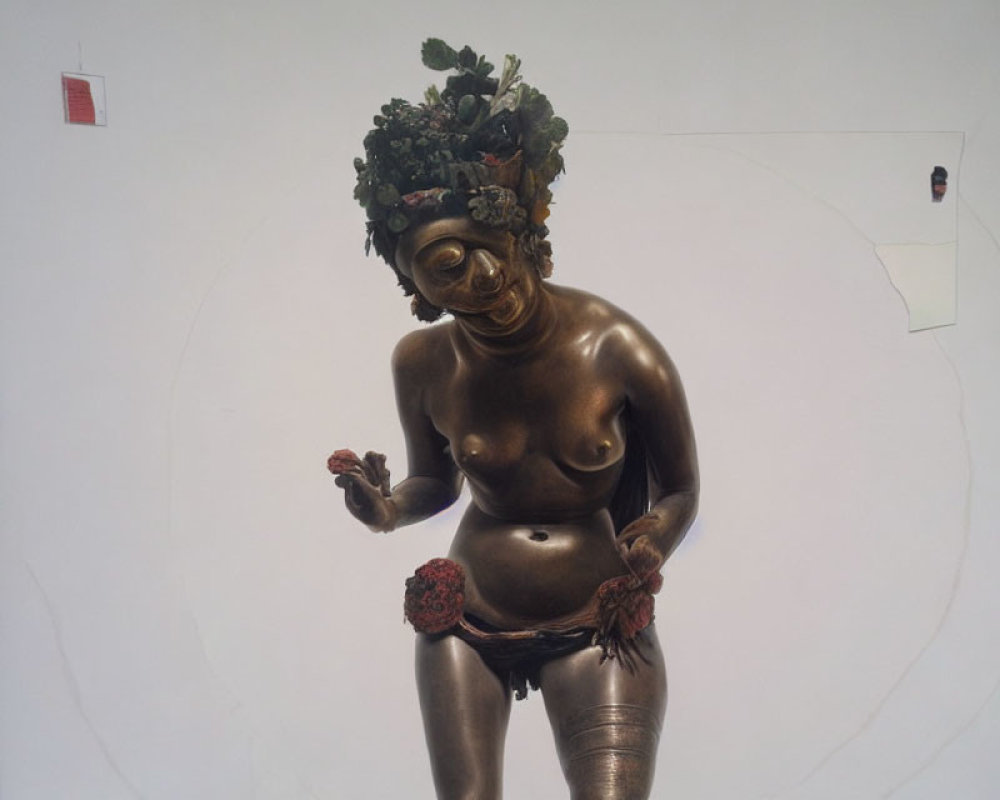 Metallic figure sculpture with floral headpiece and spheres on torn white backdrop