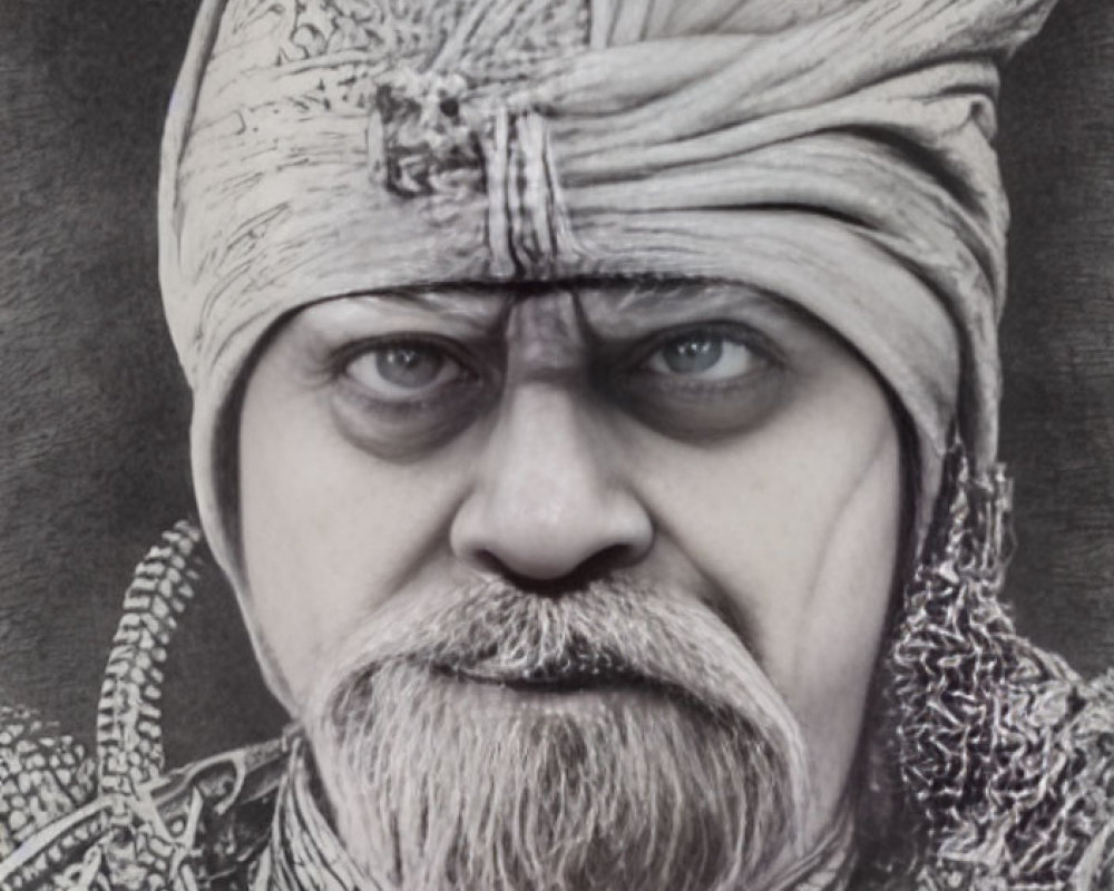 Monochrome portrait of stern man with turban, beard, and armor
