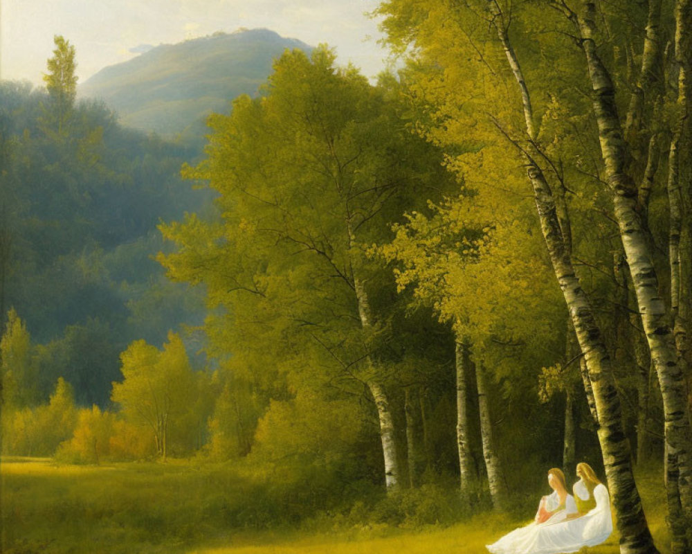 Women in white dresses relaxing under birch trees in forest clearing.