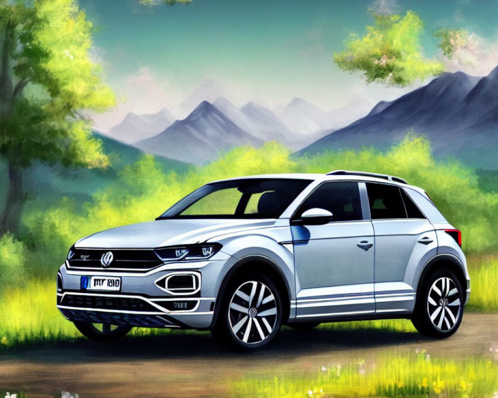 Blue SUV in Vibrant Green Field with Colorful Flowers and Mountain Backdrop