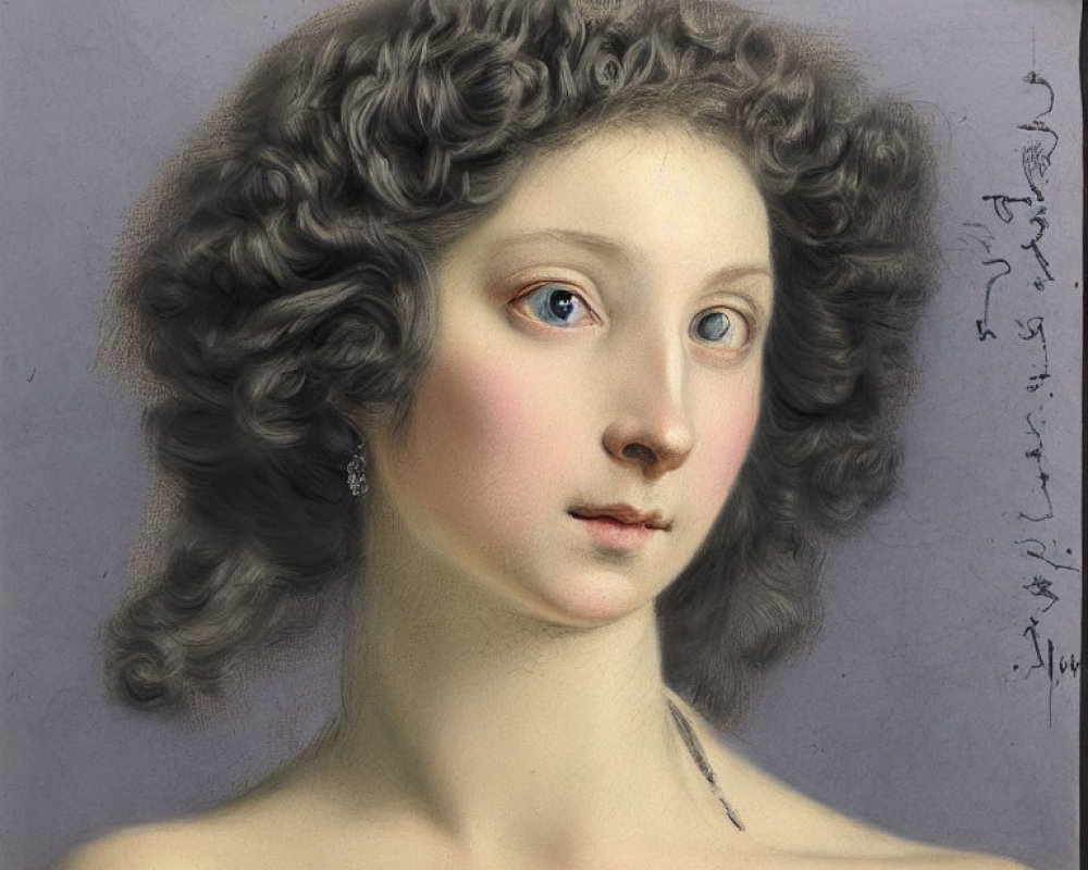 Young woman portrait with curly hair, blue eyes, and rosy cheeks on grey background.