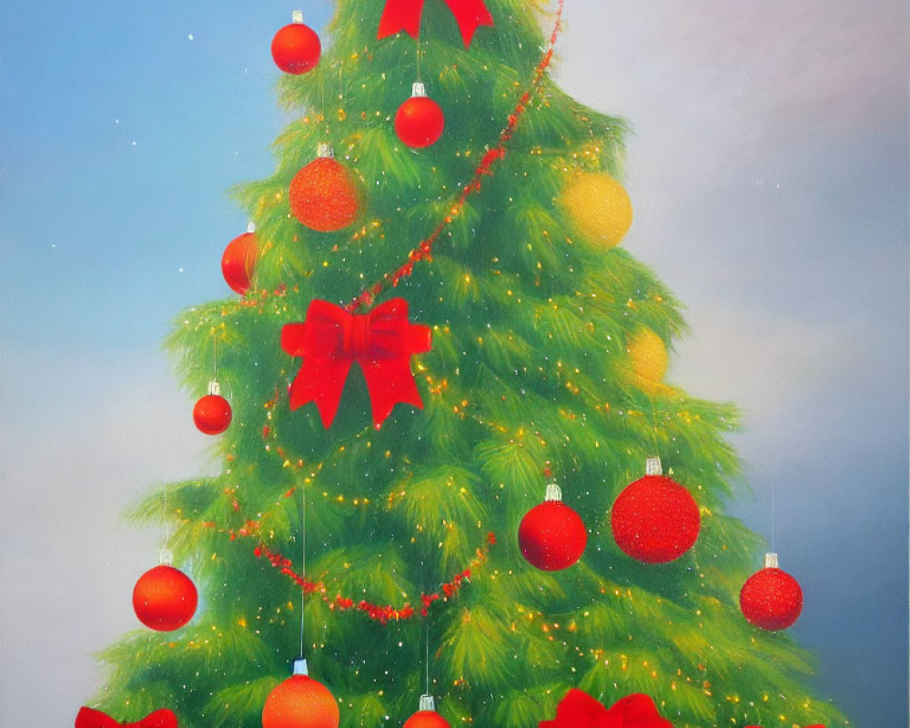 Festive Christmas tree with red ornaments and golden lights on blue gradient background