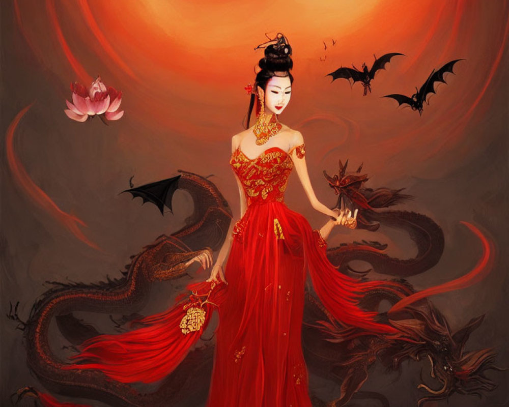 Woman in red traditional Chinese dress with dragons and bats under red sun