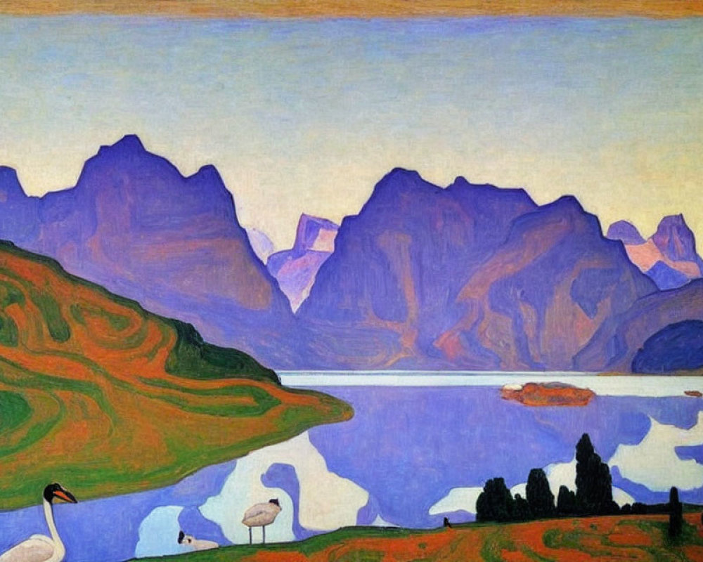 Colorful landscape painting: purple mountains, blue lake, green shores, swans, vast sky