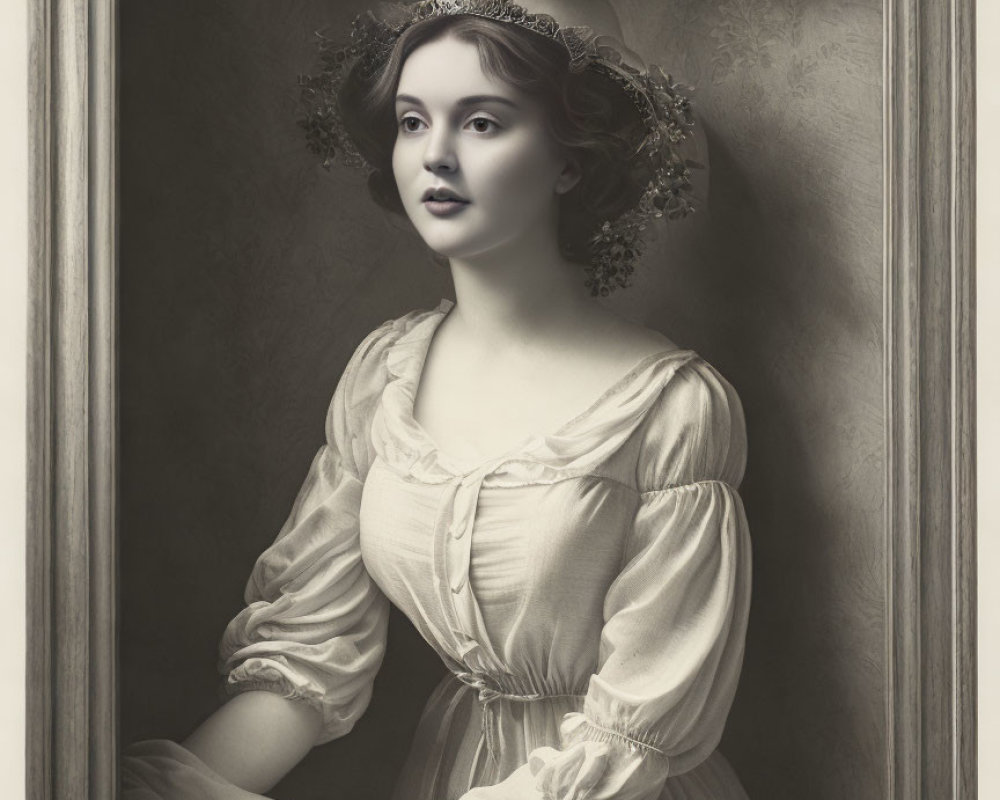 Monochrome portrait of young woman in vintage dress with puffed sleeves
