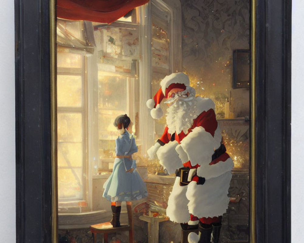 Indoor Santa Claus painting with little girl by frosty window