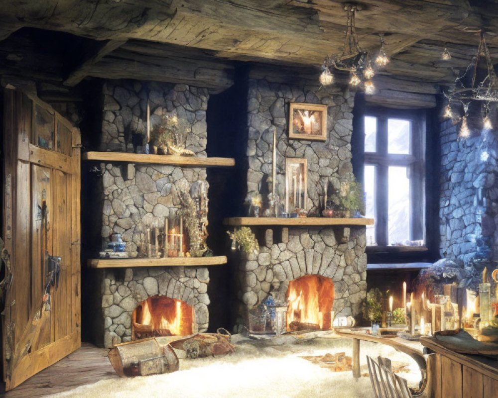 Cozy Stone Cottage Interior with Fireplace and Wooden Decor