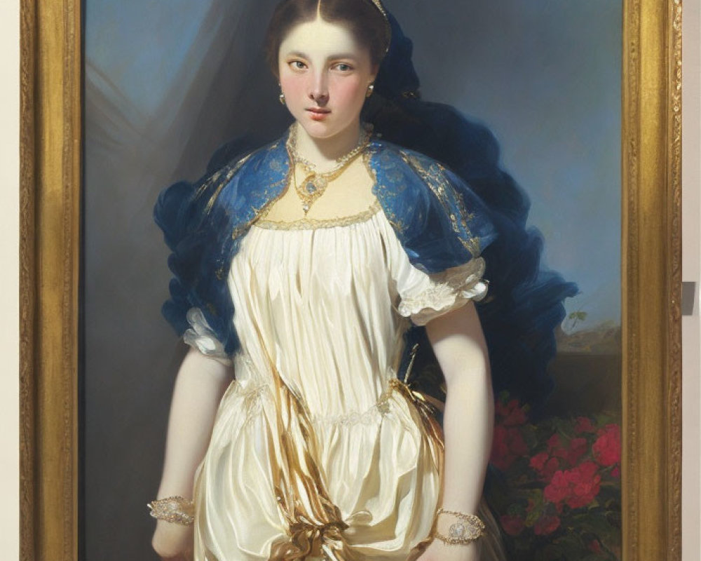Young woman in white dress with gold sash, blue shawl, and necklace in ornate frame