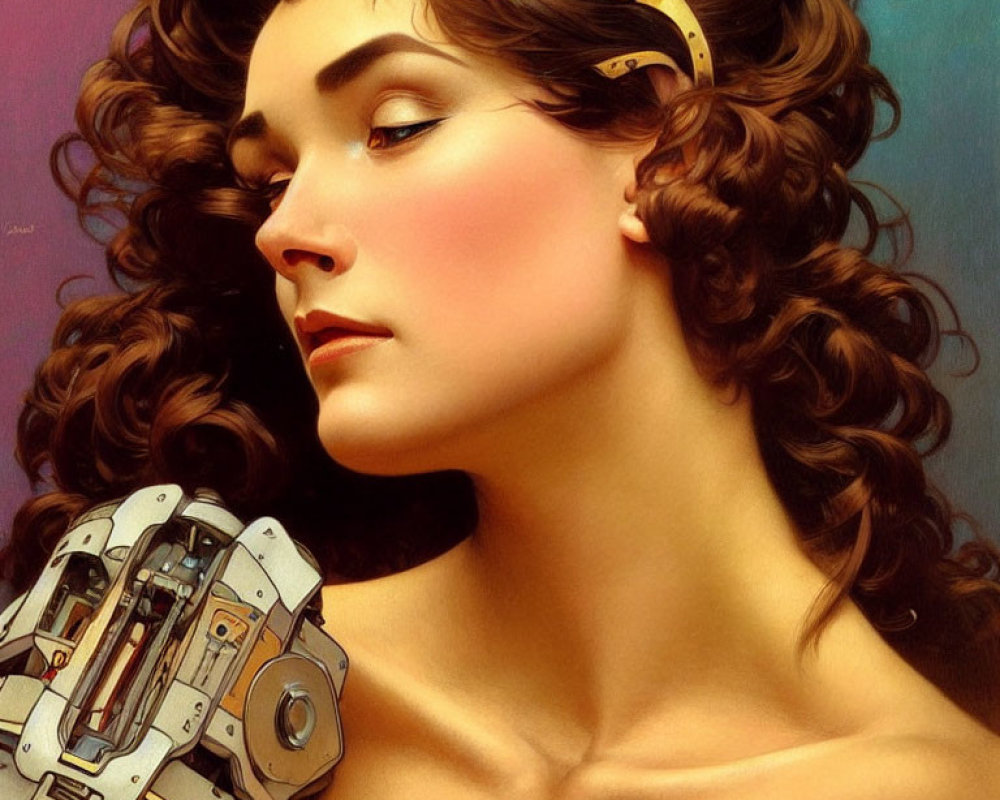 Portrait of woman with curly brown hair and robotic arm, serene expression, warm colors