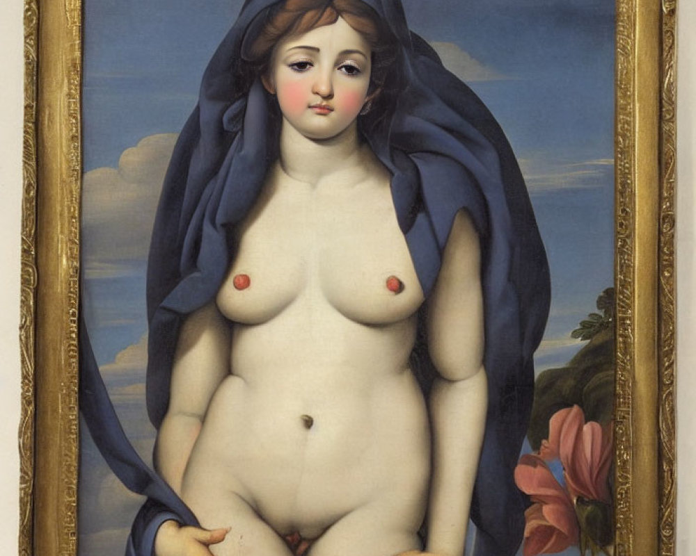Female Figure Draped in Blue Against Sky and Foliage