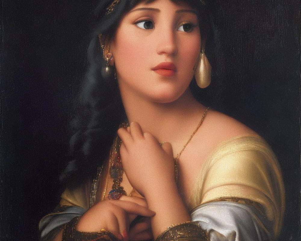 Portrait of Woman in Contemplative Pose with Gold and Black Headband