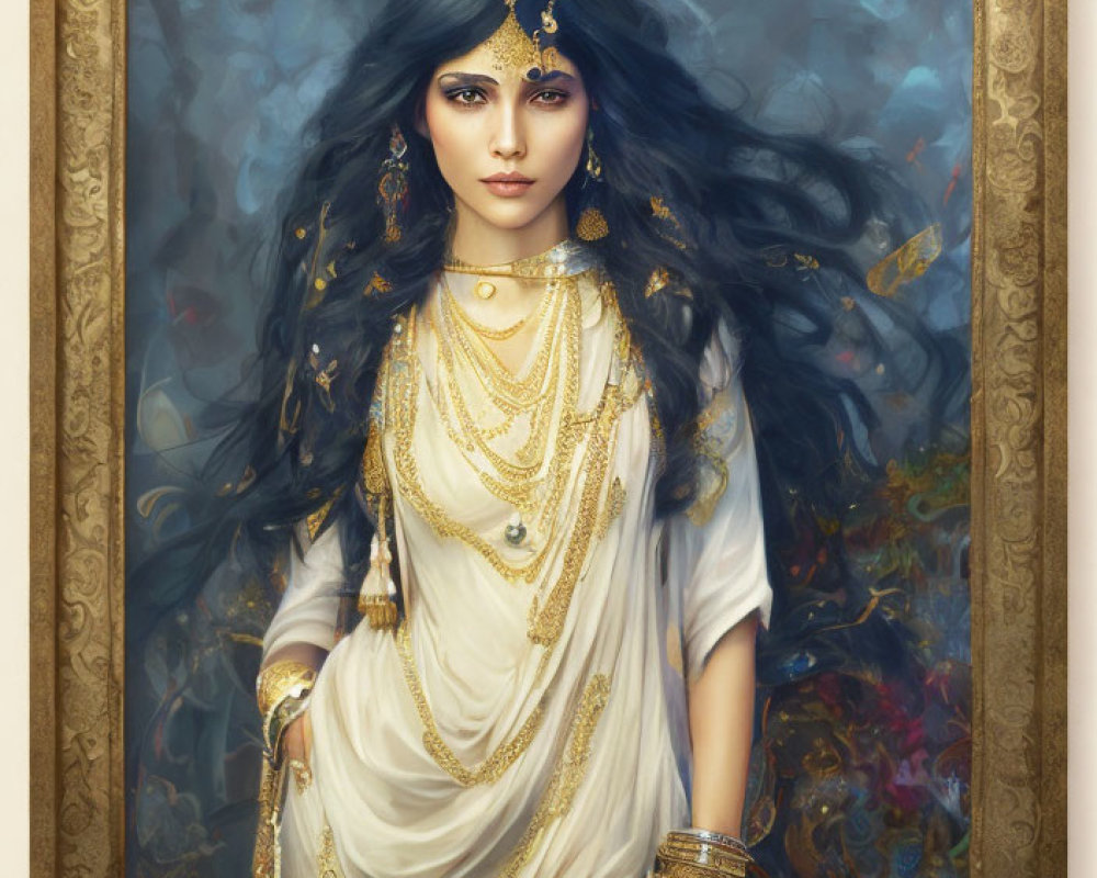 Portrait of Woman in White and Gold Traditional Attire in Ornate Frame