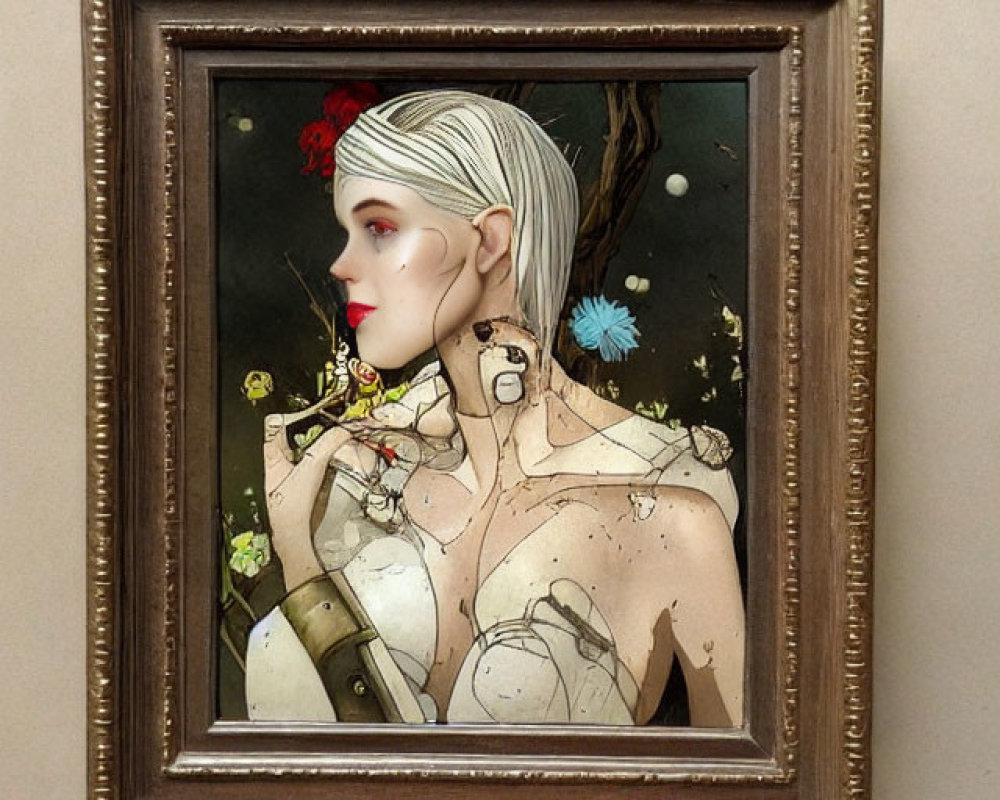 Stylized female figure with white hair and robotic body adorned with flowers on wall.