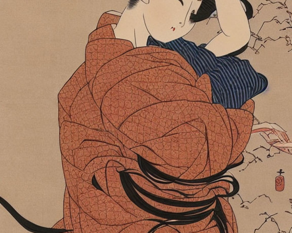 Japanese ukiyo-e woodblock print of woman in Kimono fixing hair