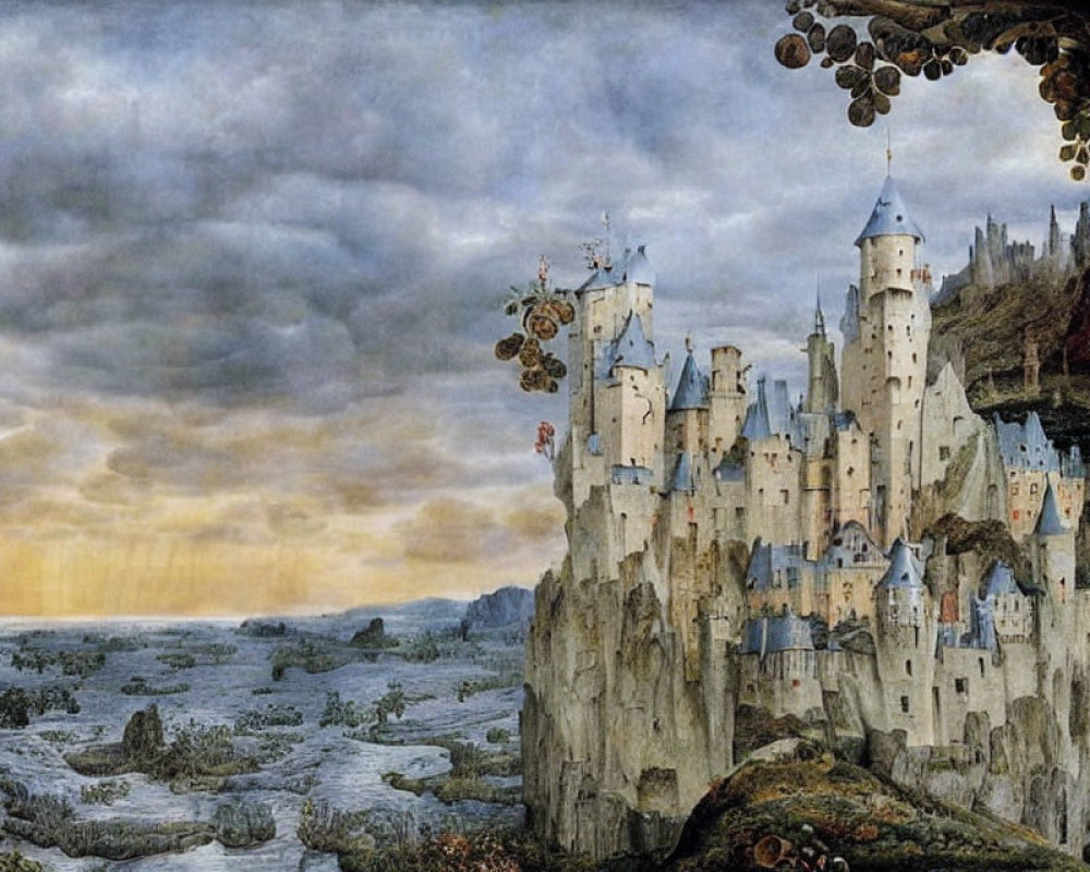 Medieval castle on rocky cliff with hanging gardens and hot air balloon