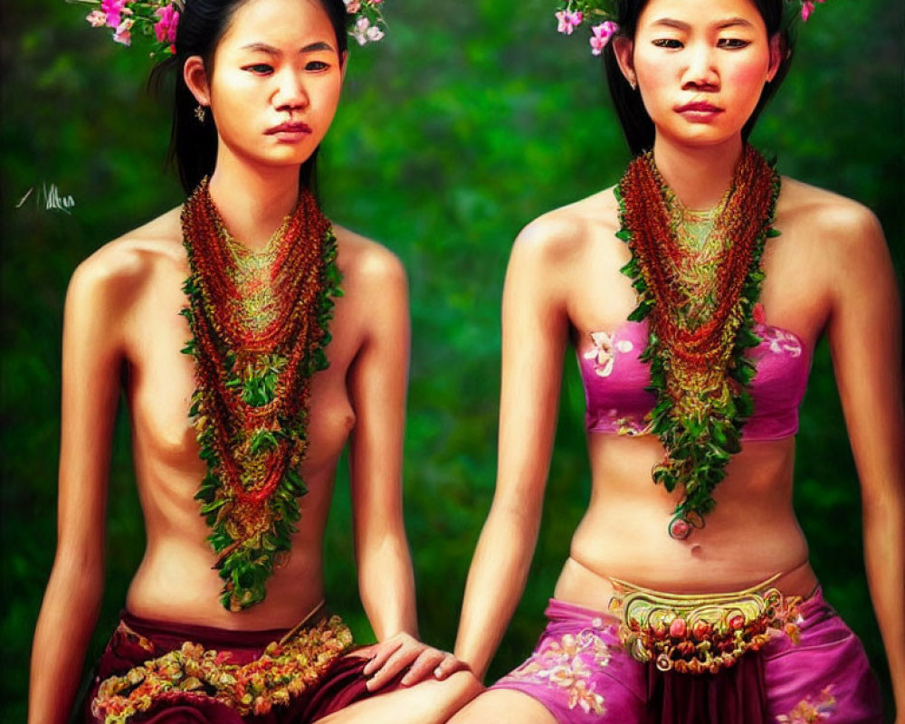 Two women in traditional attire with floral crowns and beaded necklaces, sitting in lush greenery